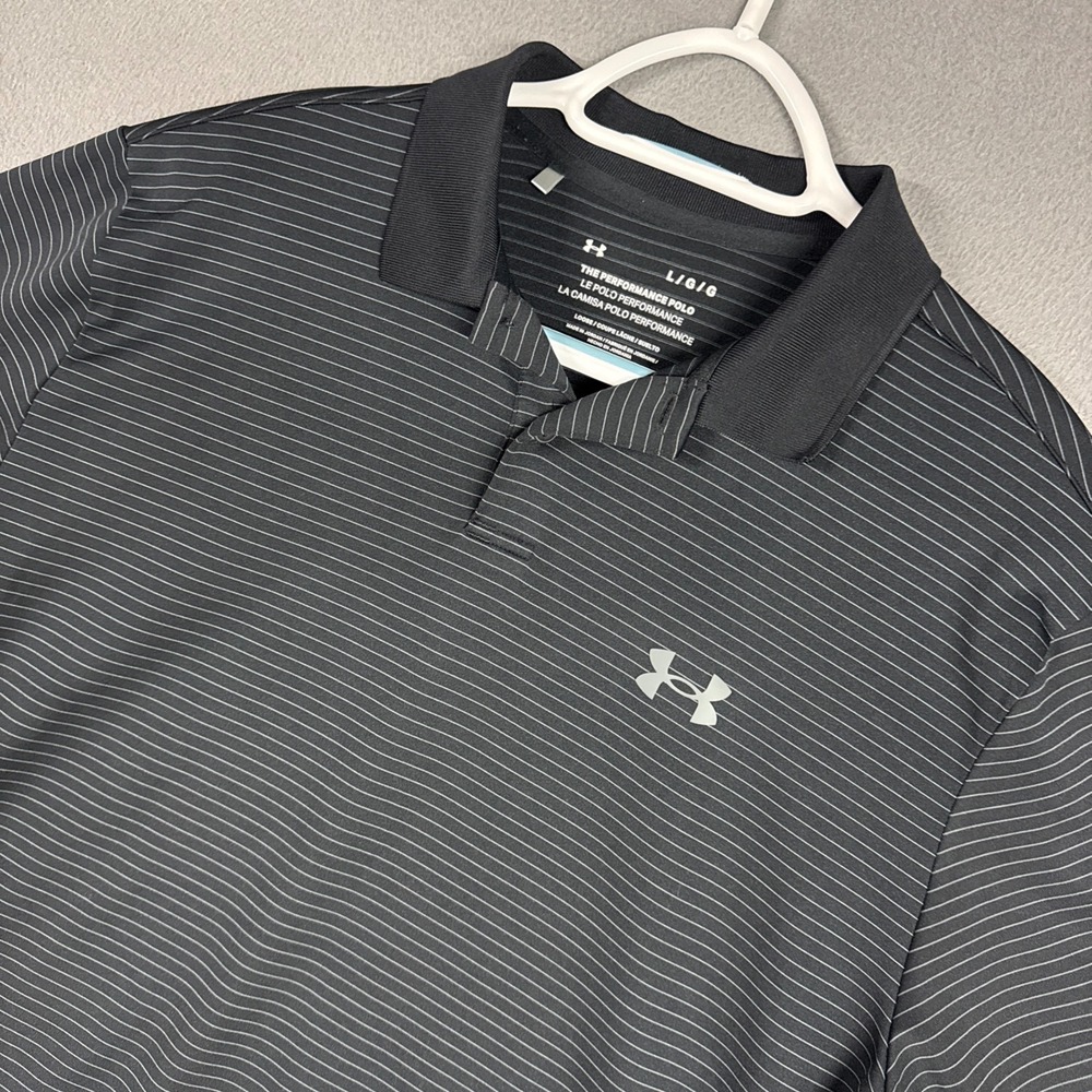 Under Armour Polo Shirt Mens Large Black Striped Short Sleeve Performance Loose